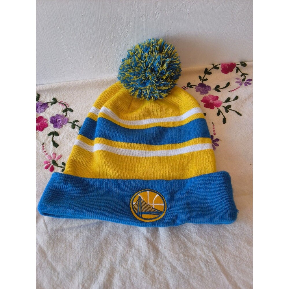 Golden State Warriors Hat Beanie Blue Yellow Pom Winter Logo Basketball AAA VTG!